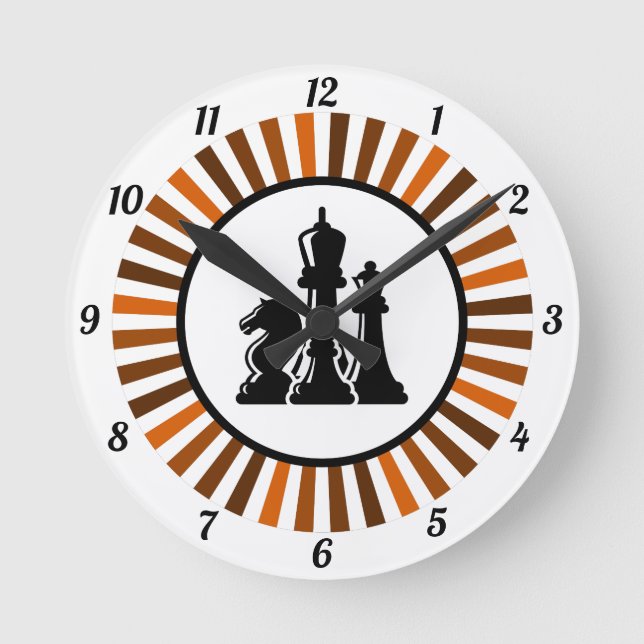 Chess Gift King Queen Knight Board Game Dark Brown Round Clock (Front)