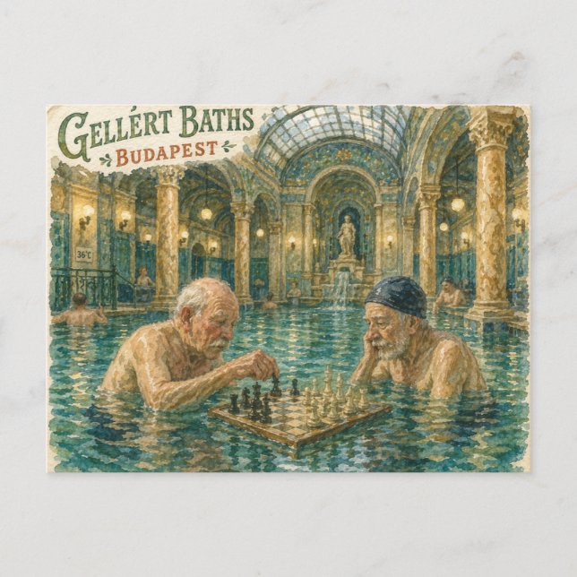 Chess in the Gellert Baths Budapest Hungary Holiday Postcard (Front)