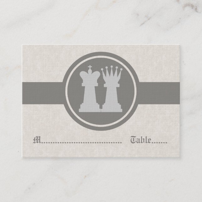 Chess King and Queen Wedding Place Cards, Grey Place Card (Front)
