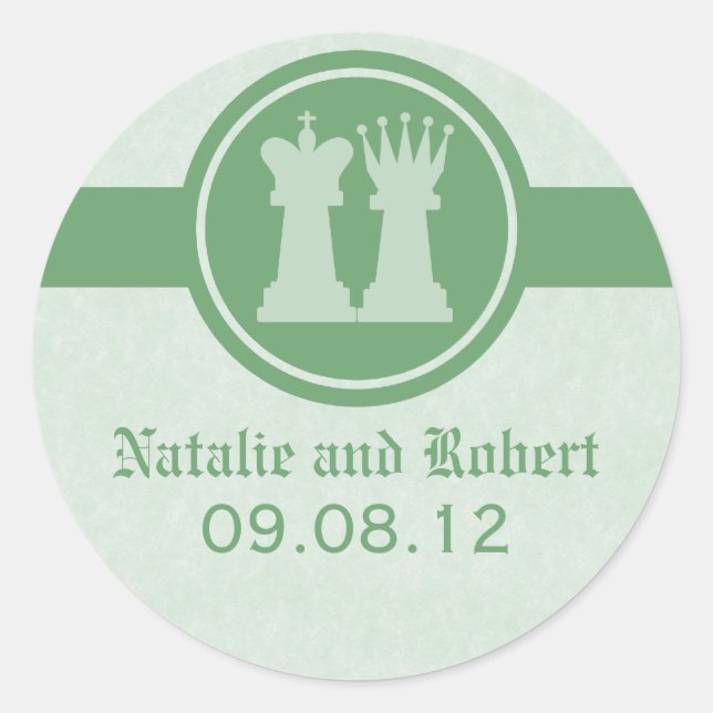 Chess King and Queen Wedding Stickers, Green Classic Round Sticker (Front)