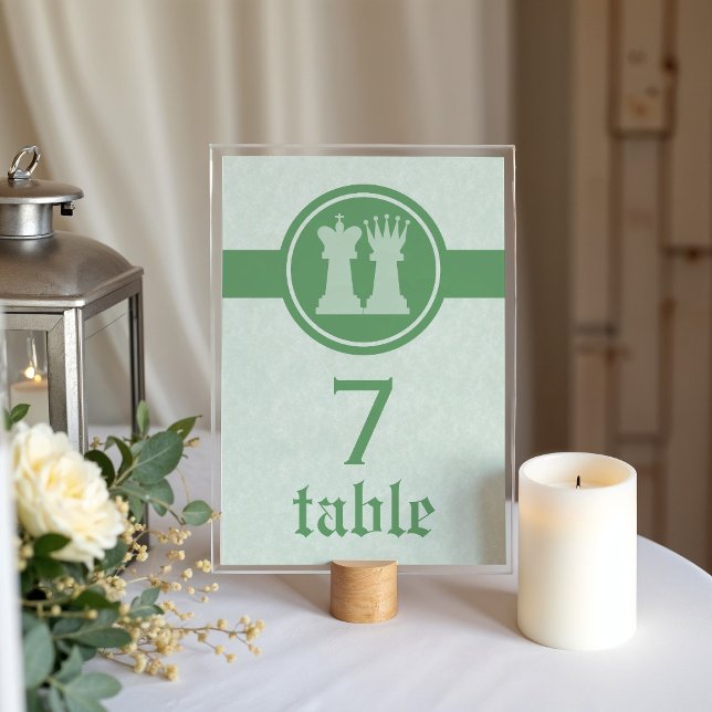 Chess King and Queen Wedding Table Card, Green Number (Green Chess King and Queen Wedding Table Card)