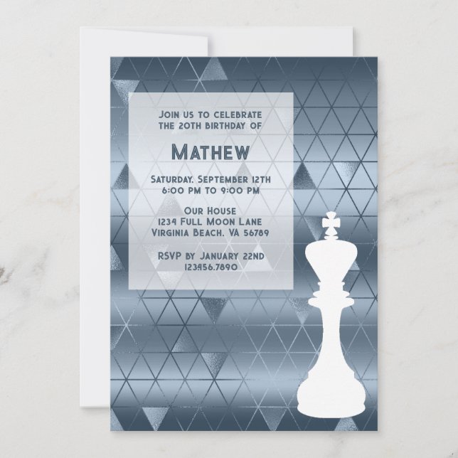Chess King Geometric Dusty Blue and White Birthday Invitation (Front)