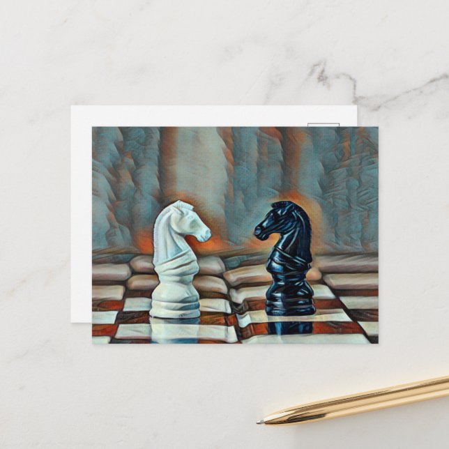 Chess Knights Chess Board Artistic Blue, Orange Postcard (Front/Back In Situ)
