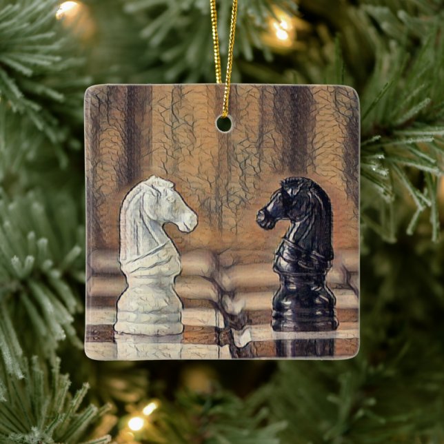 Chess Knights Chess Board Personalised Christmas Ceramic Ornament (Tree)