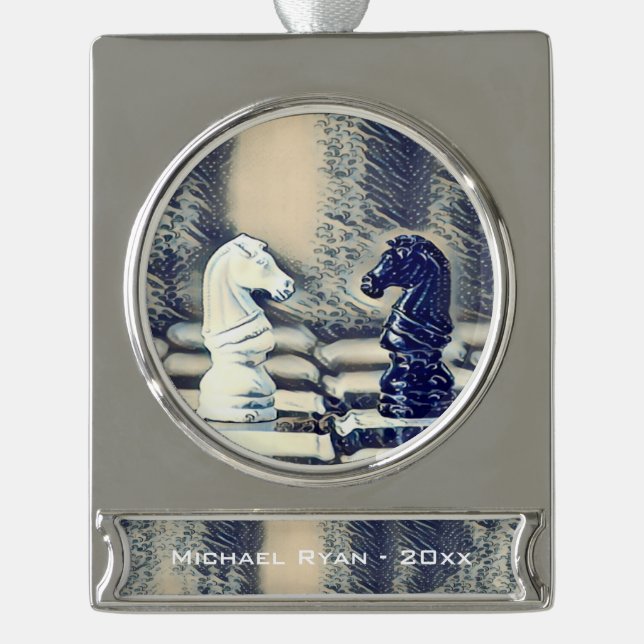Chess Knights Chess Board Personalised Christmas Silver Plated Banner Ornament (Front)