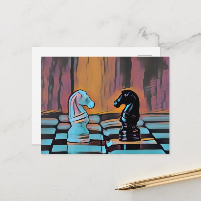 Chess Knights Chess Board Pop Art Postcard (Front/Back In Situ)