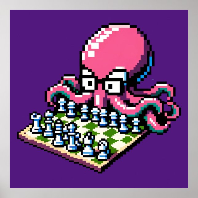 Chess Master Octopus - Funny Pixel Art Strategy Poster (Front)