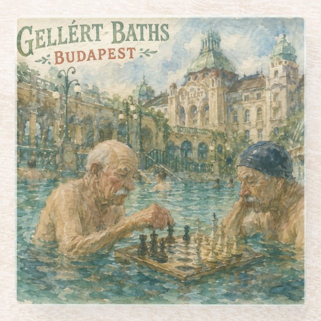 Chess match Gellert Baths Budapest Hungary Glass Coaster (Front)