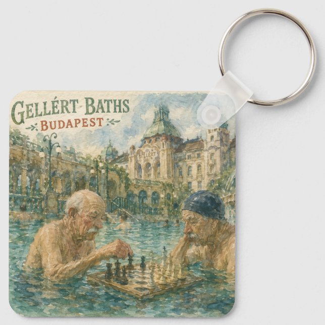 Chess match Gellert Baths Budapest Hungary Key Ring (Back)