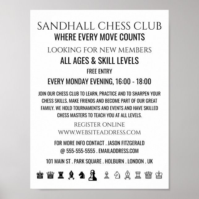 Chess Pieces, Chess Club Advertising Poster (Front)