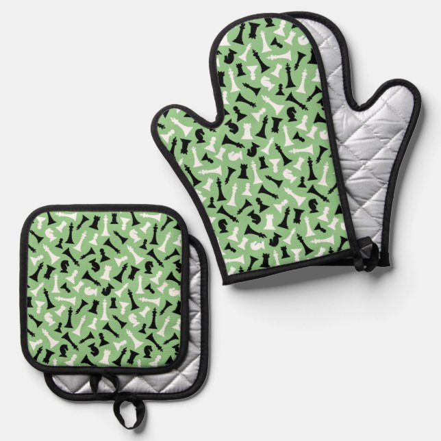 Chess Pieces Design Oven Mitt & Pot Holder Set (Front/Back)