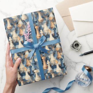 Chess Pieces Modern Minimalist Geometric Blue Tan Wrapping Paper