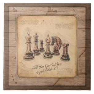 Chess Pieces on Grunge Wooden Board Player Gift Ceramic Tile