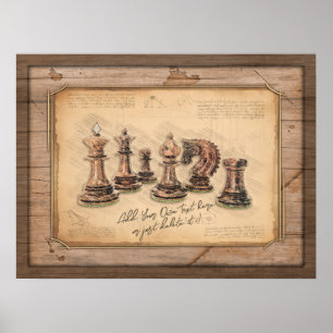 Chess Pieces on Grunge Wooden Board Player Gift Poster