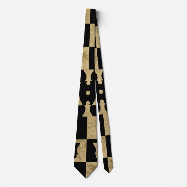 Chess Pieces Pattern - black and gold Tie (Front)