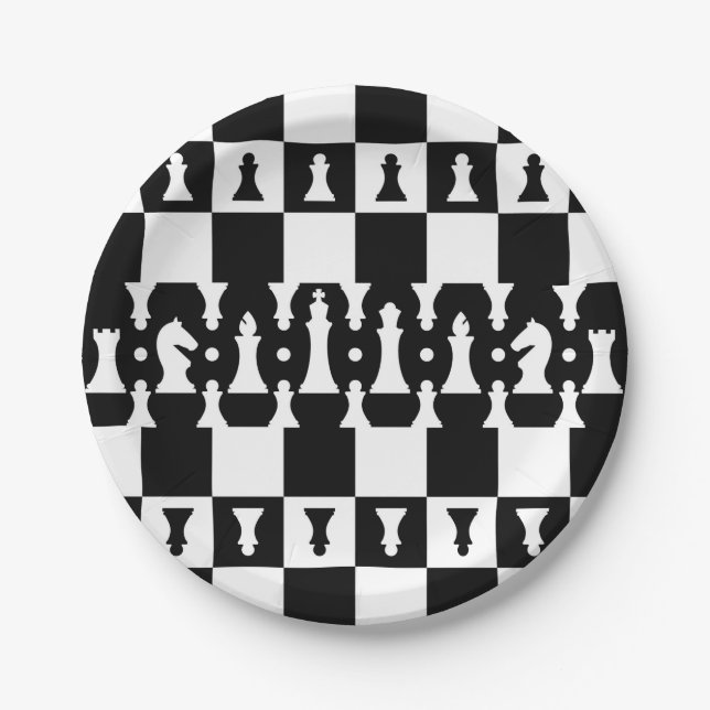 Chess Pieces Pattern - black and white Paper Plate (Front)