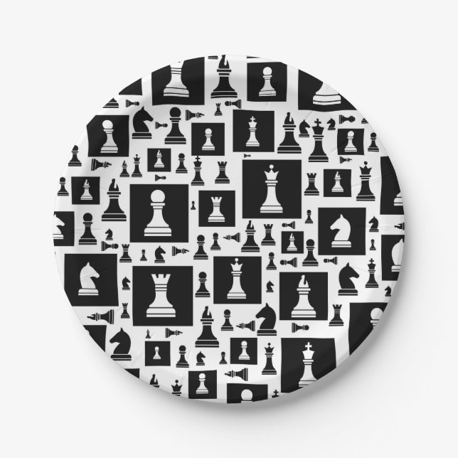 Chess Pieces Pattern - Black and white Paper Plate (Front)