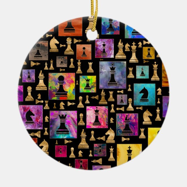 Chess Pieces Pattern - Paint and Gold Ceramic Ornament (Front)