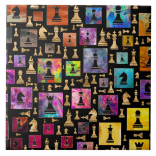 Chess Pieces Pattern - Paint and Gold Ceramic Tile