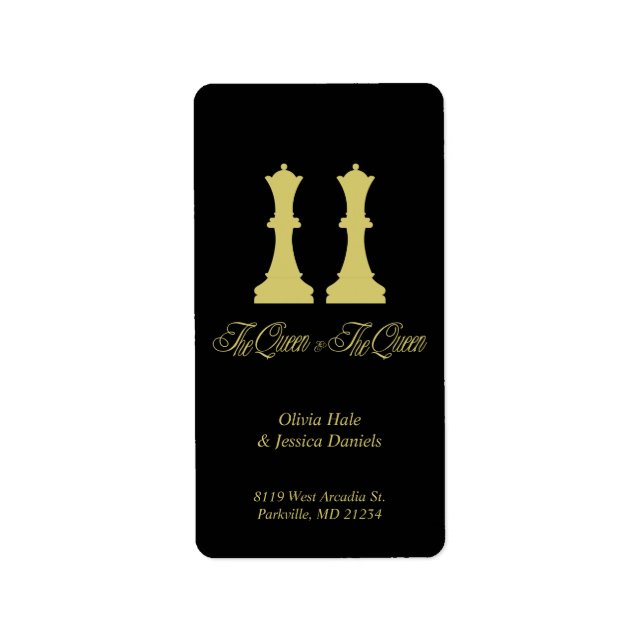 Chess Queen & Queen Gold Pieces for Lesbian Couple Label (Front)