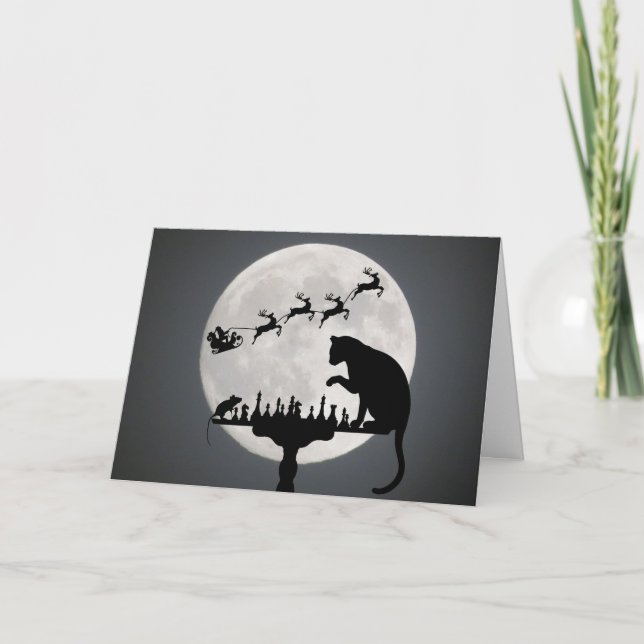 Chess Santa Full Moon Cat and Mouse Game Christmas Holiday Card (Front)
