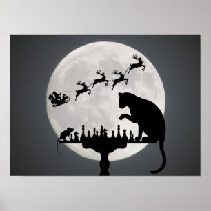 Chess Santa Full Moon Cat and Mouse Game Christmas Poster