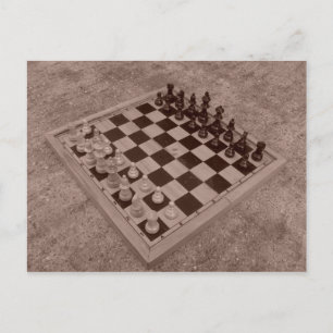 Chess set sepia postcard