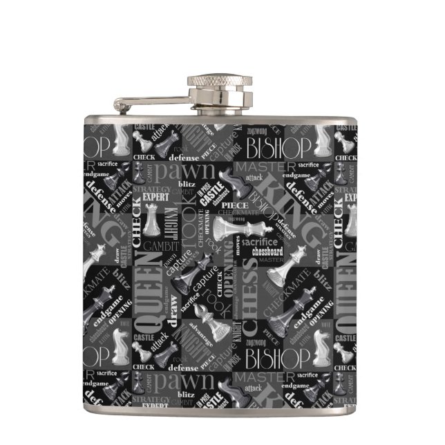 Chess Terms and Pieces Black and White ID784 Hip Flask (Front)