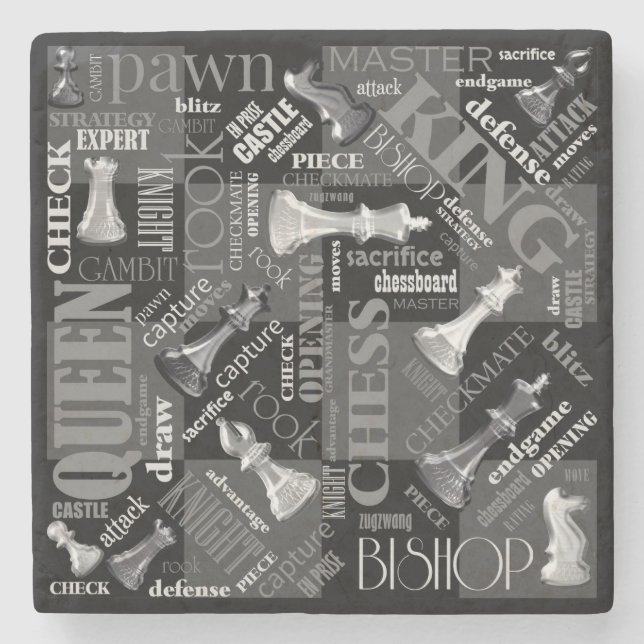 Chess Terms and Pieces Black and White ID784 Stone Coaster (Front)