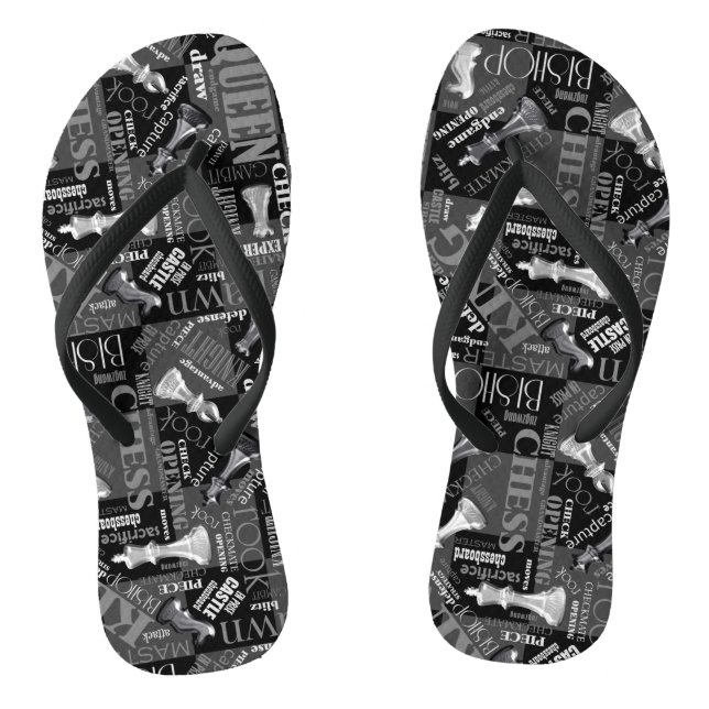 Chess Terms and Pieces Black and White ID784 Thongs (Footbed)