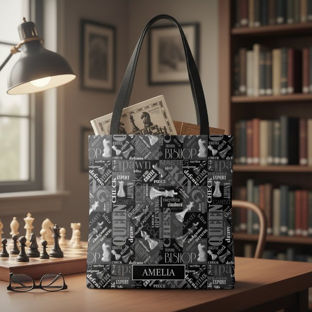 Chess Terms and Pieces Black and White ID784 Tote Bag (Creator Uploaded)