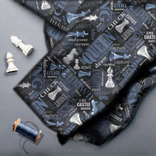 Chess Terms and Pieces Silver and Blue ID784 Fabric