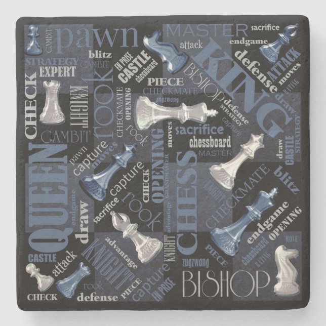 Chess Terms and Pieces Silver and Blue ID784 Stone Coaster (Front)