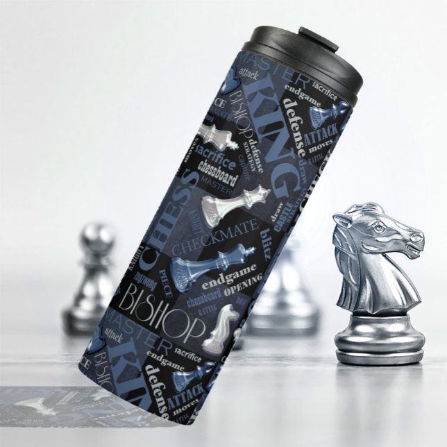 Chess Terms and Pieces Silver and Blue ID784 Thermal Tumbler (Creator Uploaded)