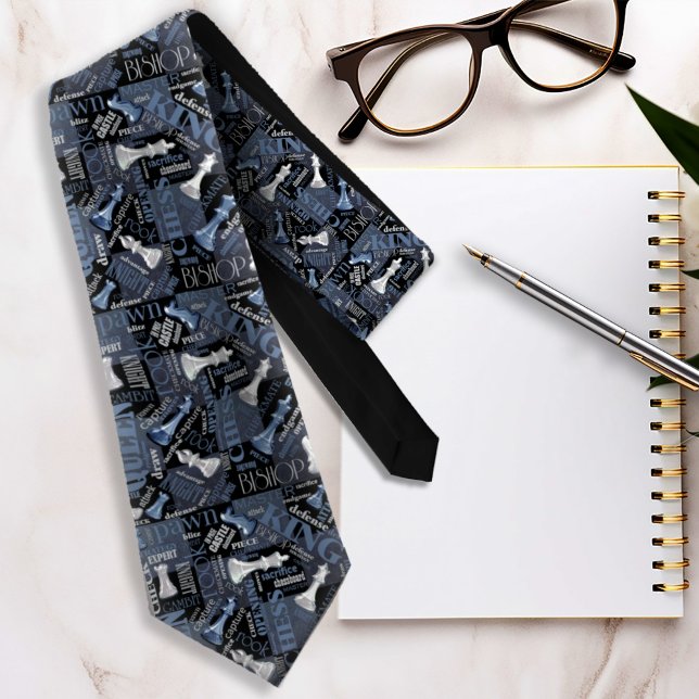 Chess Terms and Pieces Silver and Blue ID784 Tie (Creator Uploaded)