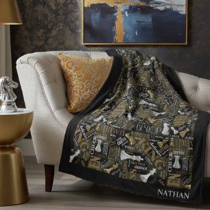 Chess Terms and Pieces Silver and Gold ID784 Fleece Blanket