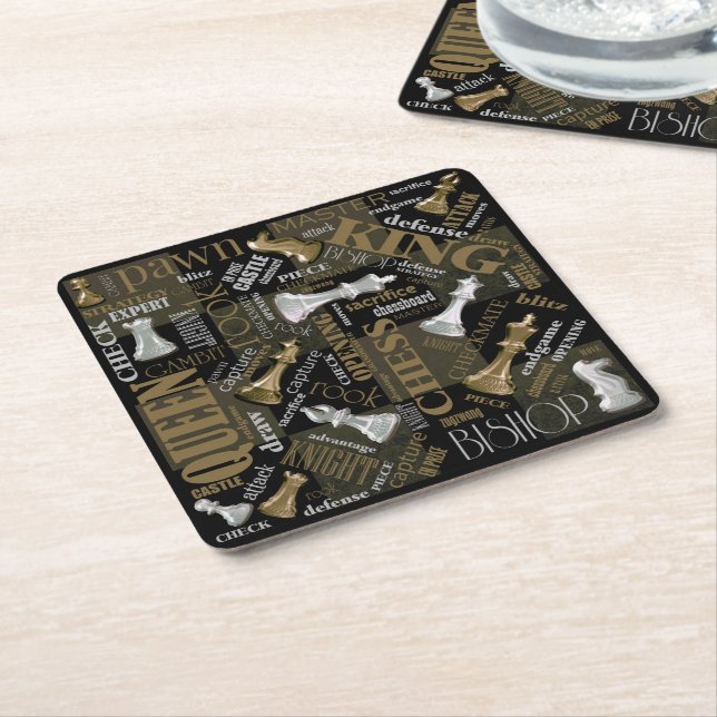 Chess Terms and Pieces Silver and Gold ID784 Square Paper Coaster (Angled)