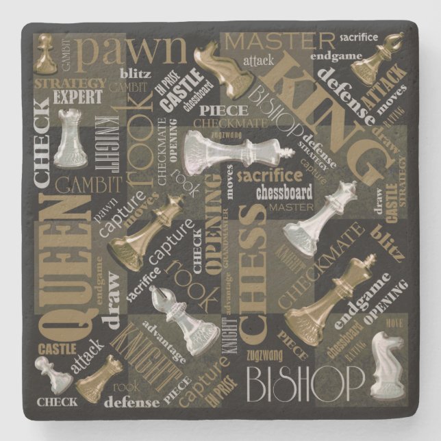Chess Terms and Pieces Silver and Gold ID784 Stone Coaster (Front)