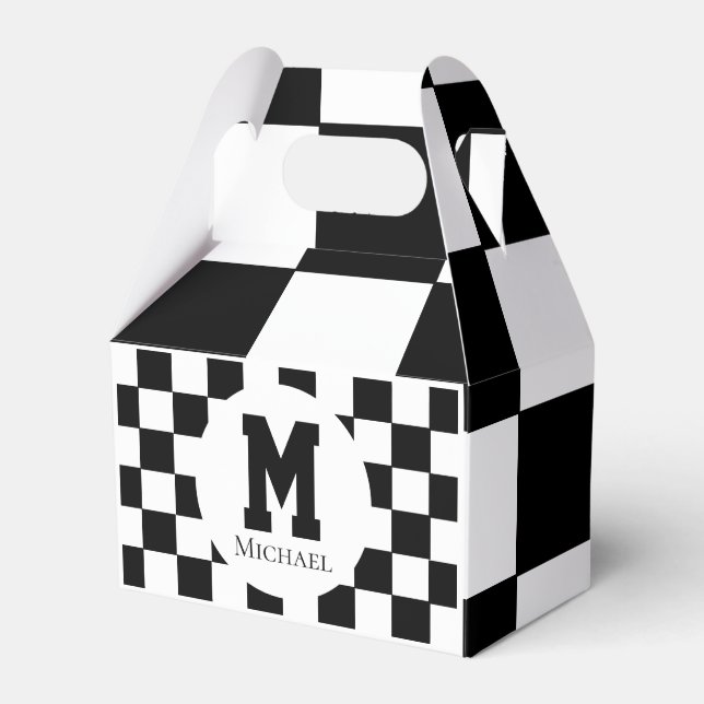 Chess Themed Birthday Party Chequered Monogram Favour Box (Front Side)