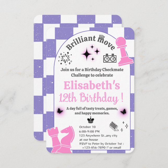 Chess Tournament Birthday Party For Girls Theme 2 Invitation (Front/Back)