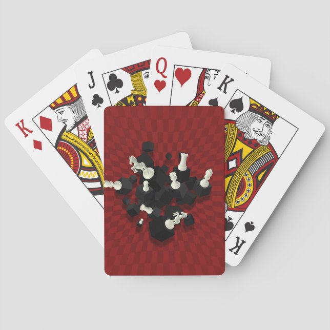 Chessboard and 3D Chess Pieces composition on red Playing Cards (Back)