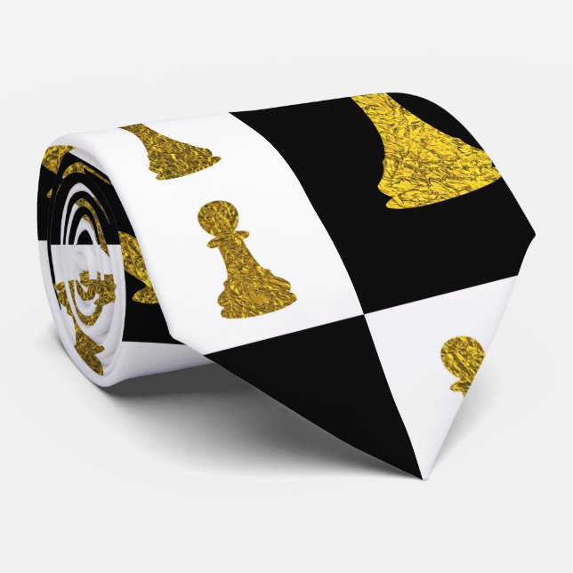 Chessboard and Gold Chess Pieces pattern Tie (Rolled)
