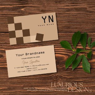 Chessboard Beige and Brown with Monogram Modern Business Card
