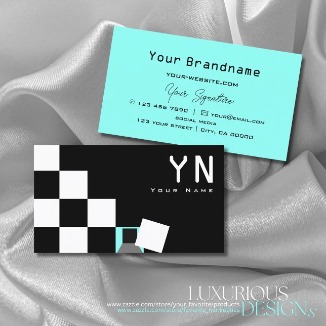 Chessboard Black White Teal with Monogram Modern Business Card (Creator Uploaded)