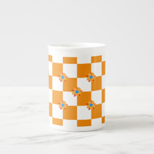 Chessboard flowers orange white bone china mug