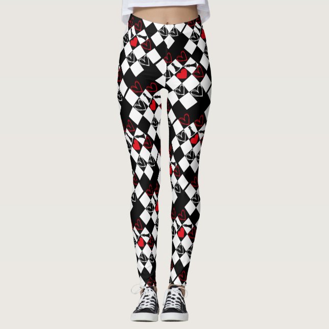 Chessboard Heart Valentines Day B&W Leggings (Front)