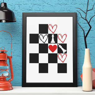 Chessboard Heart Valentines Day Black&White Poster