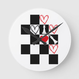 Chessboard Heart Valentines Day Black&White Round Clock