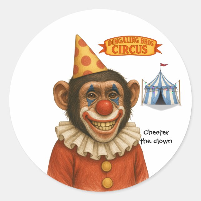 Chester the chimp clown classic round sticker (Front)