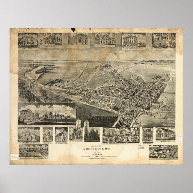 Chestertown Maryland 1907 Antique Panoramic Map Poster (Front)